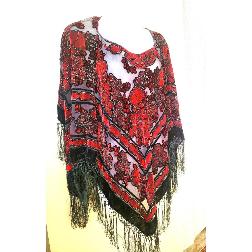 Red Black Burnout Velvet Floral Fringe Boho Whimsigoth Sheer Poncho Shawl